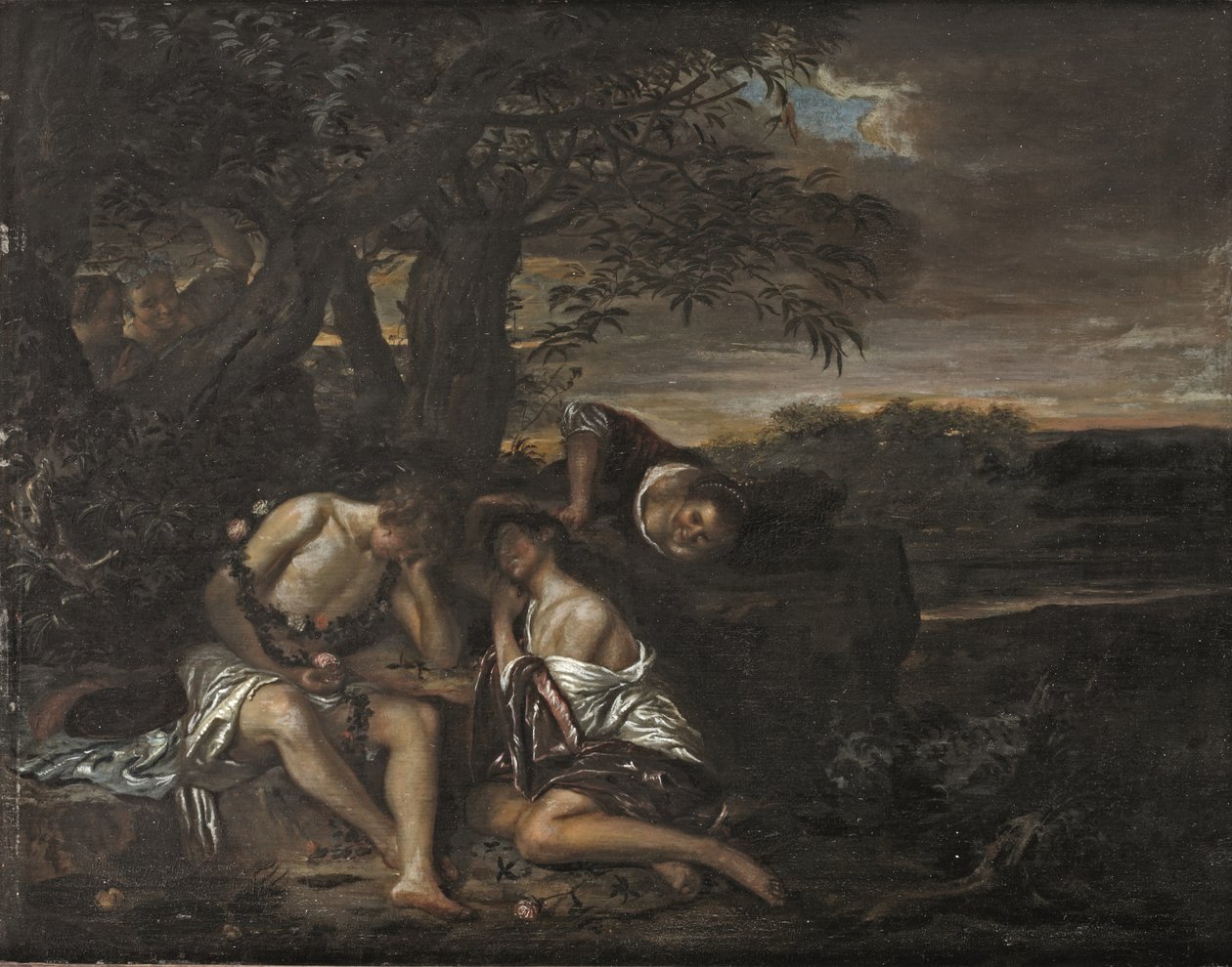 Egy alvó pár, akit három nő fedezett fel egy árkádiai tájon (olaj a panelen) alkotó: Carel De Moor II (attr. to)