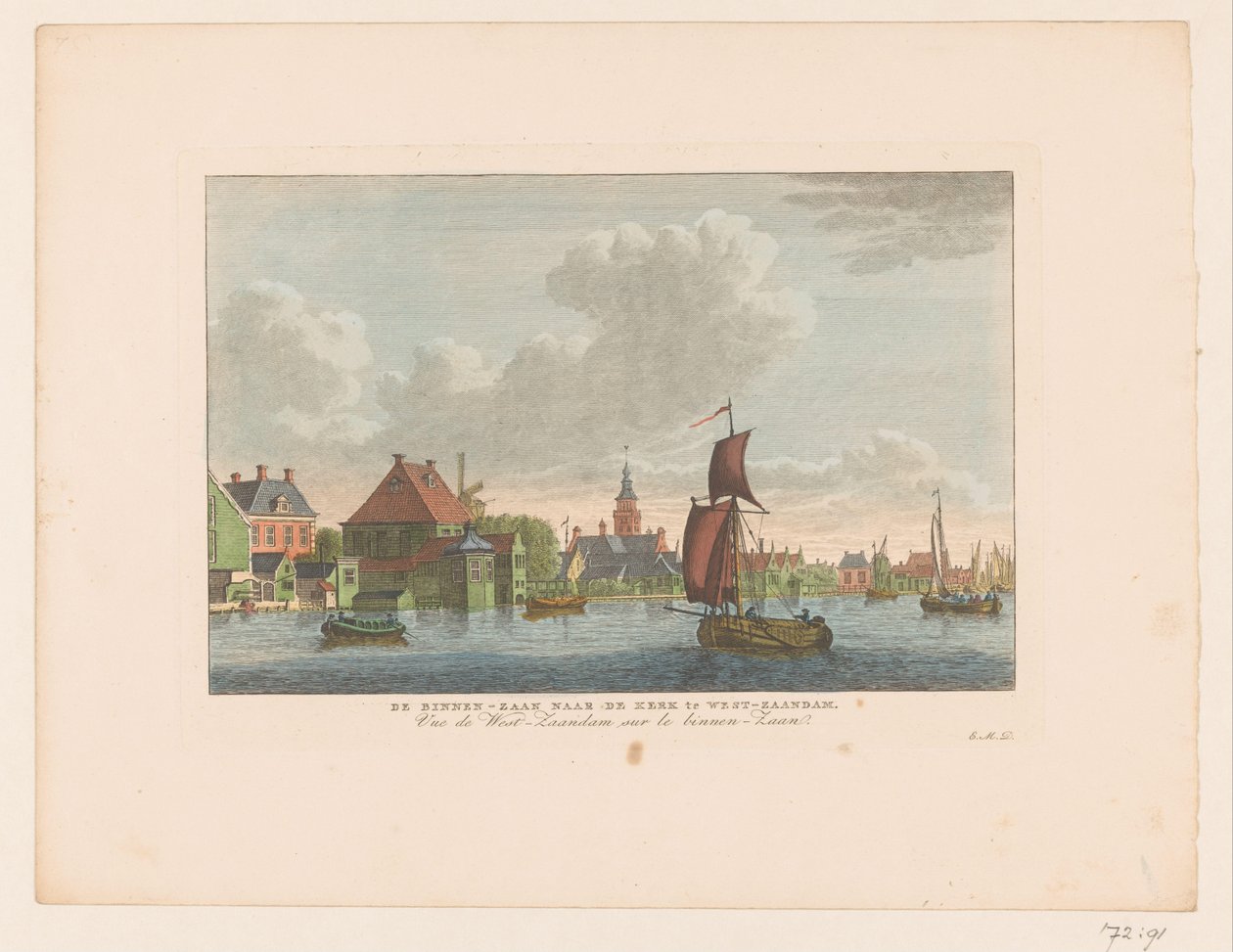 Kilátás Westzaandam falura a víz túloldalán A Binnen-Zaan a West-Zaandam-i templomhoz / Vue de West-Zaandam sur le Binnen-Zaan (cím a tárgyon) alkotó: Carel Frederik Bendorp (I)