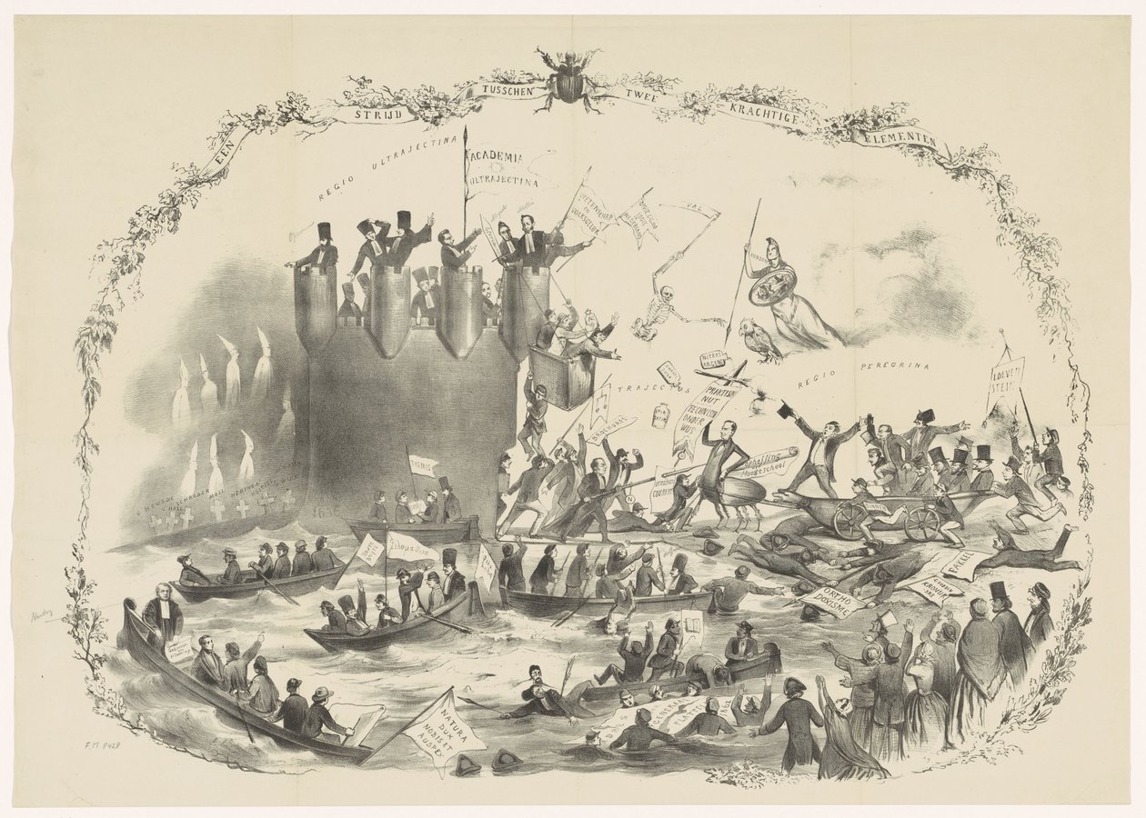Karikatúra, amely Thorbecke terveit ábrázolja az Utrechti Alkalmazott Tudományok Egyetemének felszámolására, 1863 Két erős elem csata (cím a tárgyon) alkotó: Carel Hendrik Thiebout
