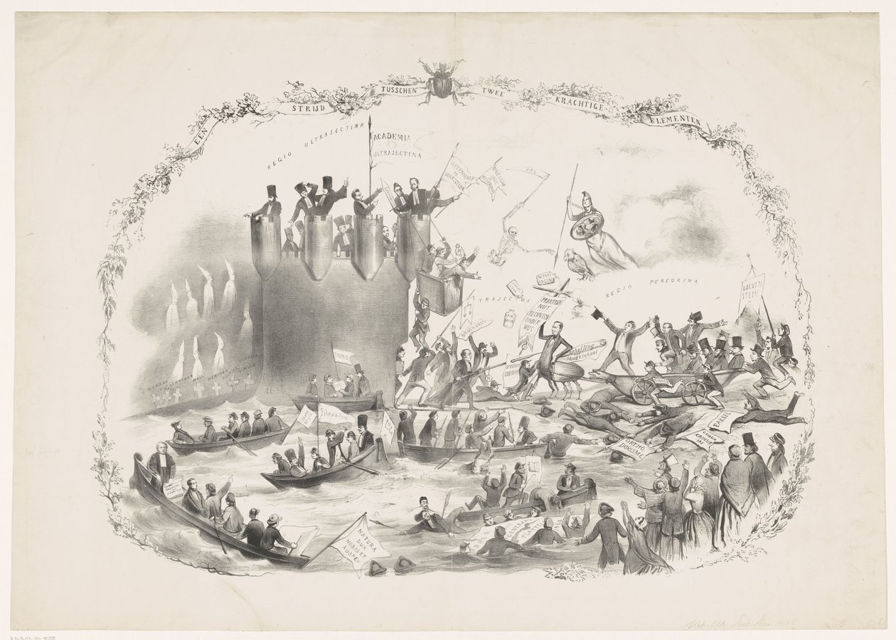 Karikatúra, amely Thorbecke terveit ábrázolja az Utrechti Alkalmazott Tudományok Egyetemének felszámolására, 1863 Két erős elem csata (cím a tárgyon) alkotó: Carel Hendrik Thiebout