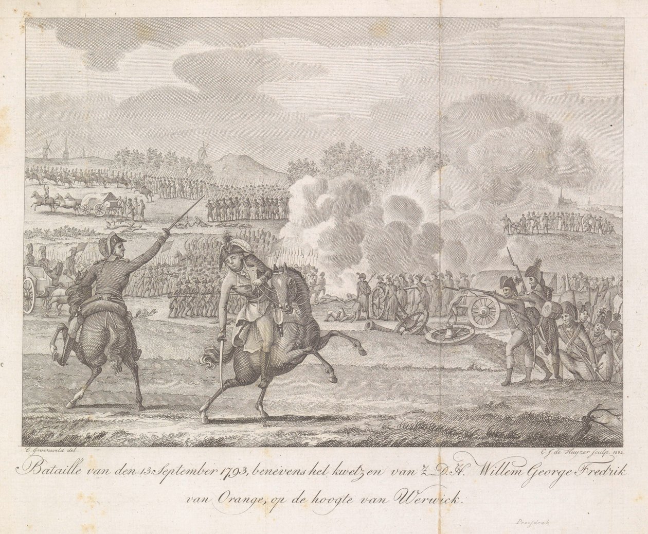 Frederik herceget megsebesítik Wervikben, 1793 1793. szeptember 13-i Bataille, amellett, hogy H.D.H. Willem George Fredrik of Orange, Werwick mellett (cím a tárgyon) alkotó: Carel Jacob de Huyser