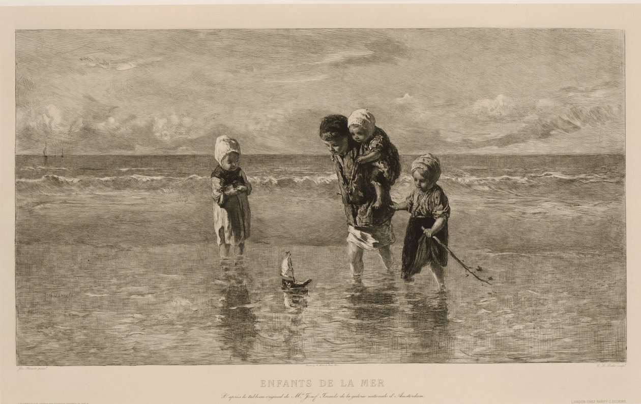 Négy gyerek játszik egy játékhajóval a tengerparton, sekély tengervízben A tenger gyermekei Enfants de la mer (cím a tárgyon) alkotó: Carel Lodewijk Dake