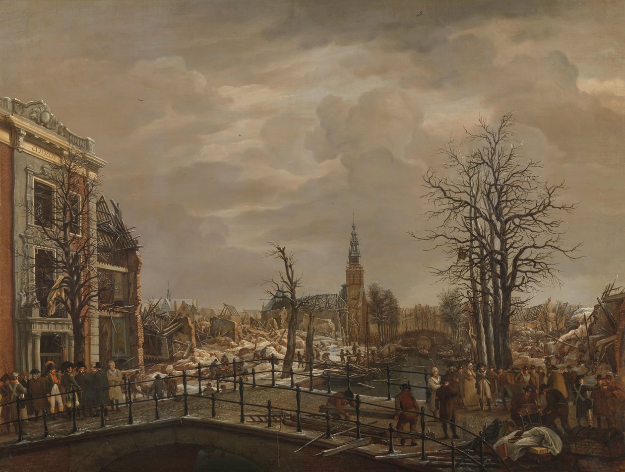 Rapenburg Leidenben Rapenburg, Leiden, három nappal egy porhajó felrobbanása után, 1807. január 12-én alkotó: Carel Lodewijk Hansen (signed by artist)