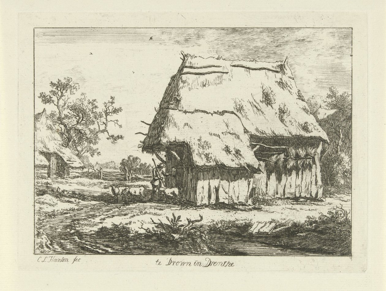 Pásztor egy birka akolban Te Drown in Drenthe (cím a tárgyon) Tájképek (1-6) (sorozat címe) alkotó: Carel Lodewijk Hansen