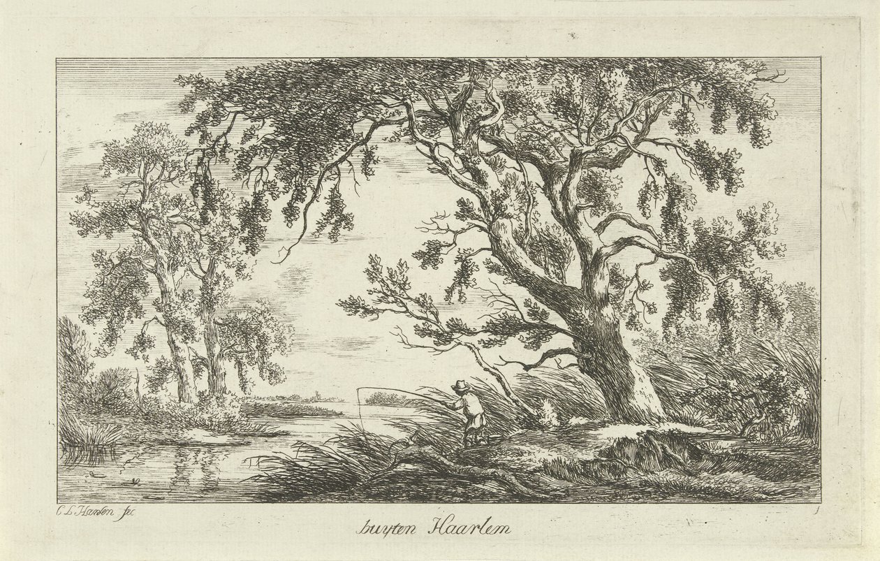 Halász a folyó táján Buyten Haarlem (cím a tárgyon) Tájképek (a-f) (sorozat címe) alkotó: Carel Lodewijk Hansen