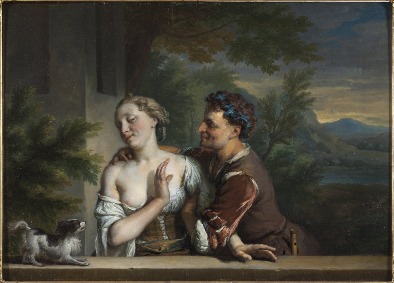 Carel (Charles) de Moor (1656-1738) egy férfi, aki megpróbál megölelni egy nőt. Olajfestmény. Mérete: 33,5x47 cm. Nemzeti Múzeum Stockholm alkotó: Carel De Moor