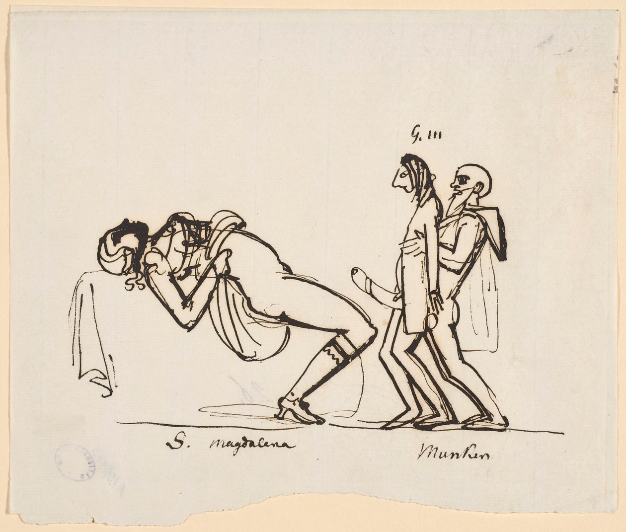 Karikatúra III. Gusztáv örökös előállítására tett kísérletéről. Adolf Fredrick Munck segíti Gustavat az első szexuális érintkezésben Sofia Magdalena -val (Carl August Ehrensvärd, kb. 1770 -es évek) alkotó: Carl August Ehrensvärd