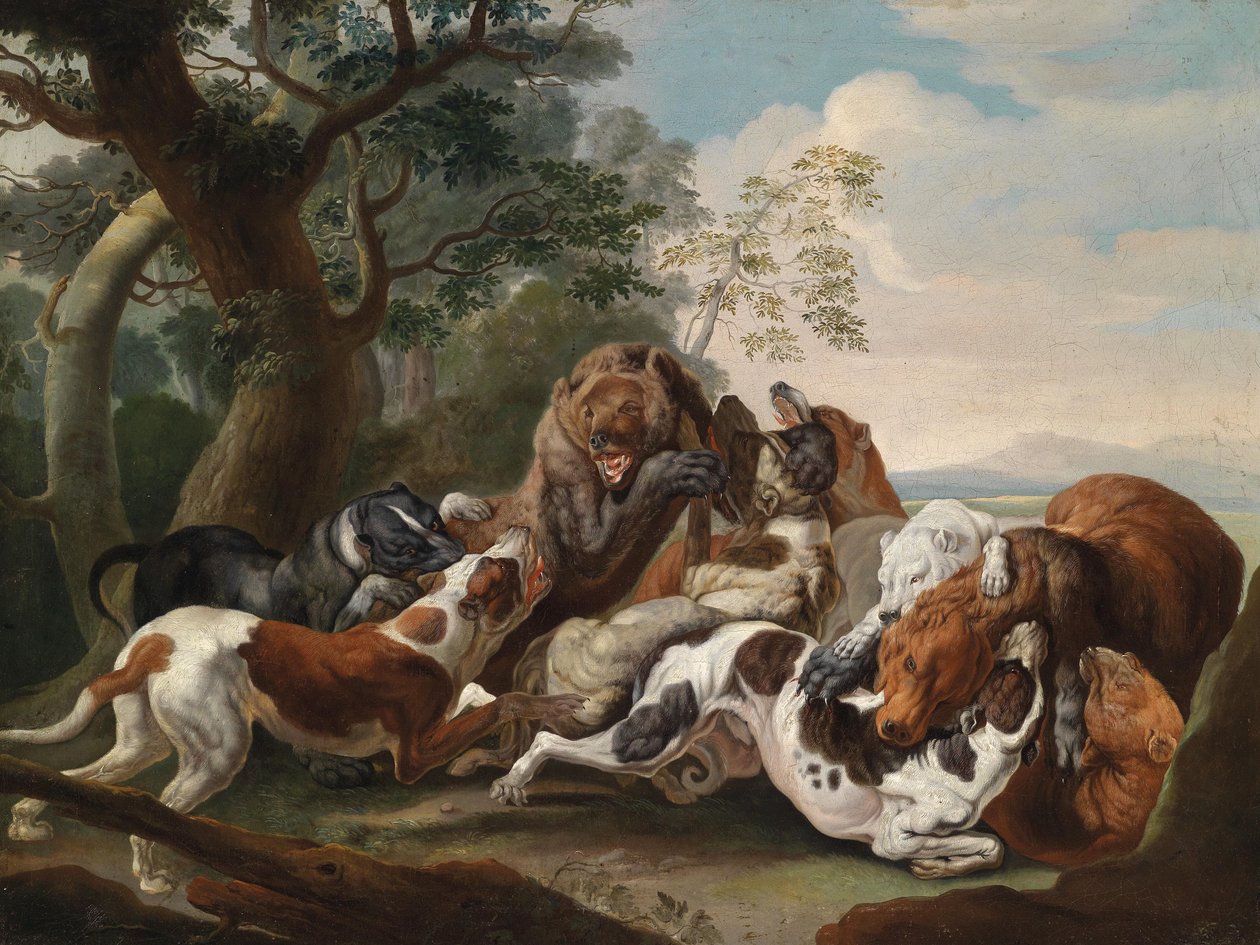 Medvevadászat, olaj, vászon, 69 x 92 cm alkotó: Carl Borromaus Andreas Ruthart