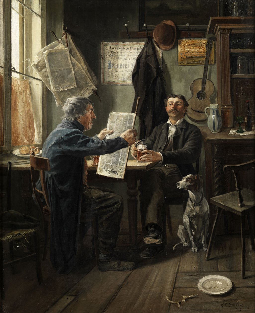 Újságolvasás a sörasztalnál alkotó: Carl Friedrich Schulz