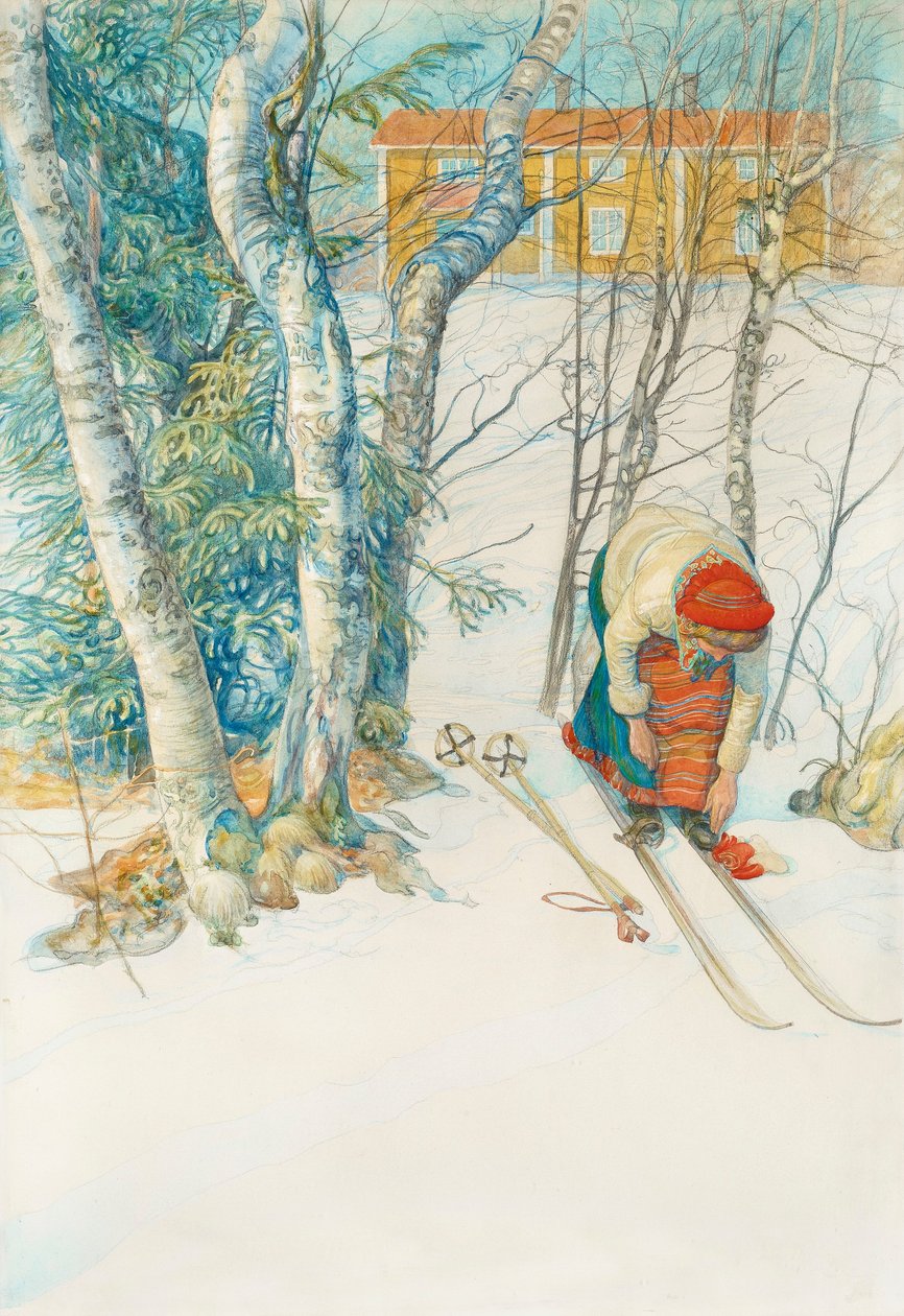Lány felcsatolja a síléceit alkotó: Carl Larsson