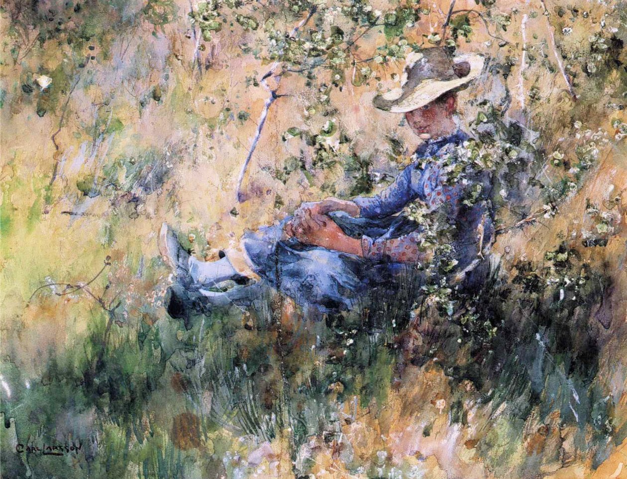 Lány egy virágzó galagonya bokor alkotó: Carl Larsson