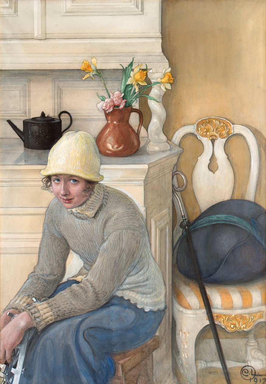 Lány korcsolyával, belső tér az iskola háztartásából, Fálun 1917 alkotó: Carl Larsson