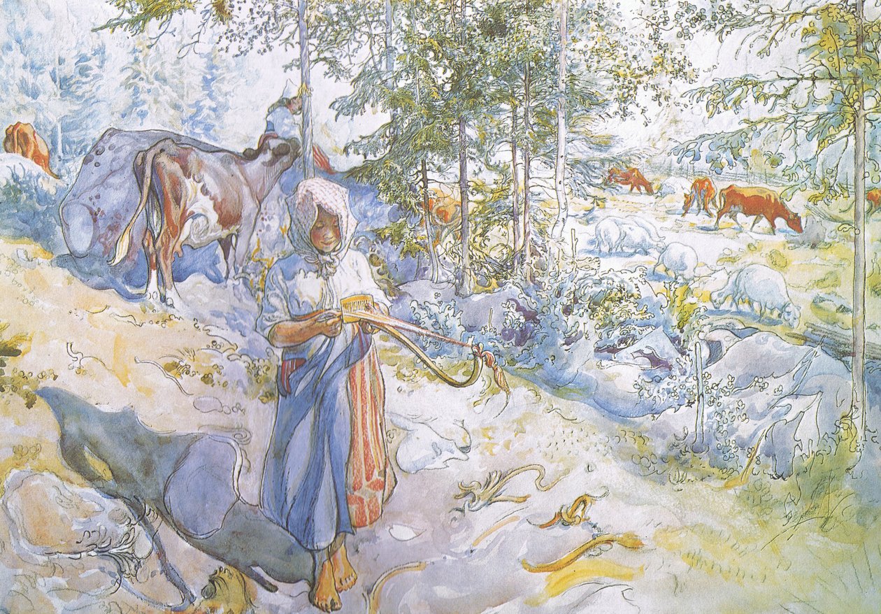 Utoljára jött a kis Kertsi egy fűzfavesszővel, hogy hajtsa a teheneket alkotó: Carl Larsson