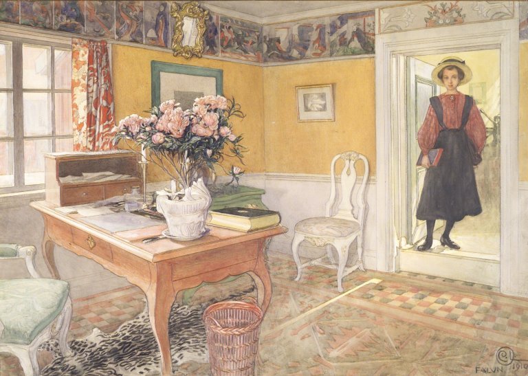 Iskolás lány a belső térben alkotó: Carl Larsson