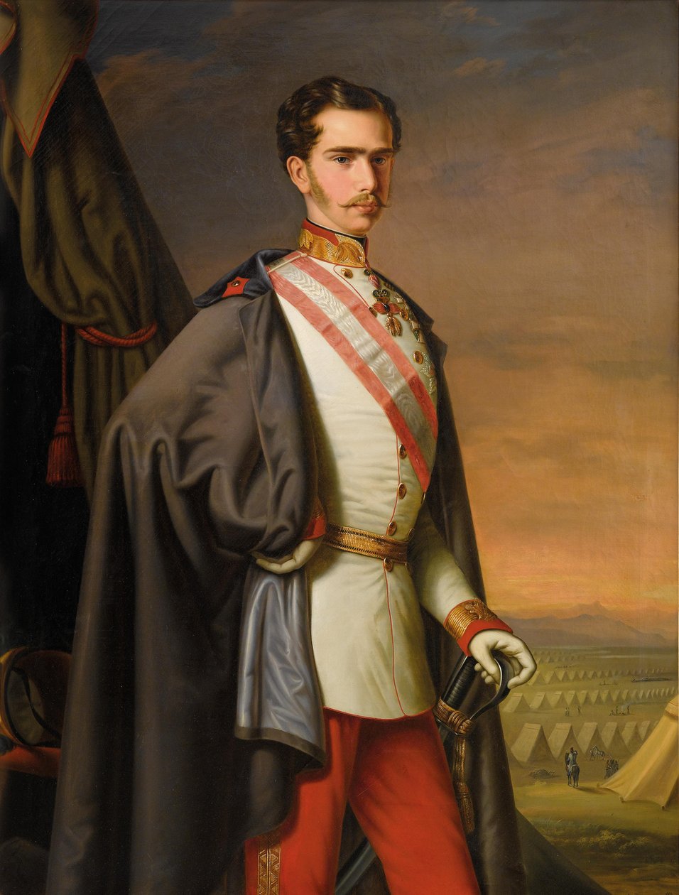 Ferenc József osztrák császár egyenruhában, mint tábornok, a háttérben tábori tábor alkotó: Carl Lemmermayer