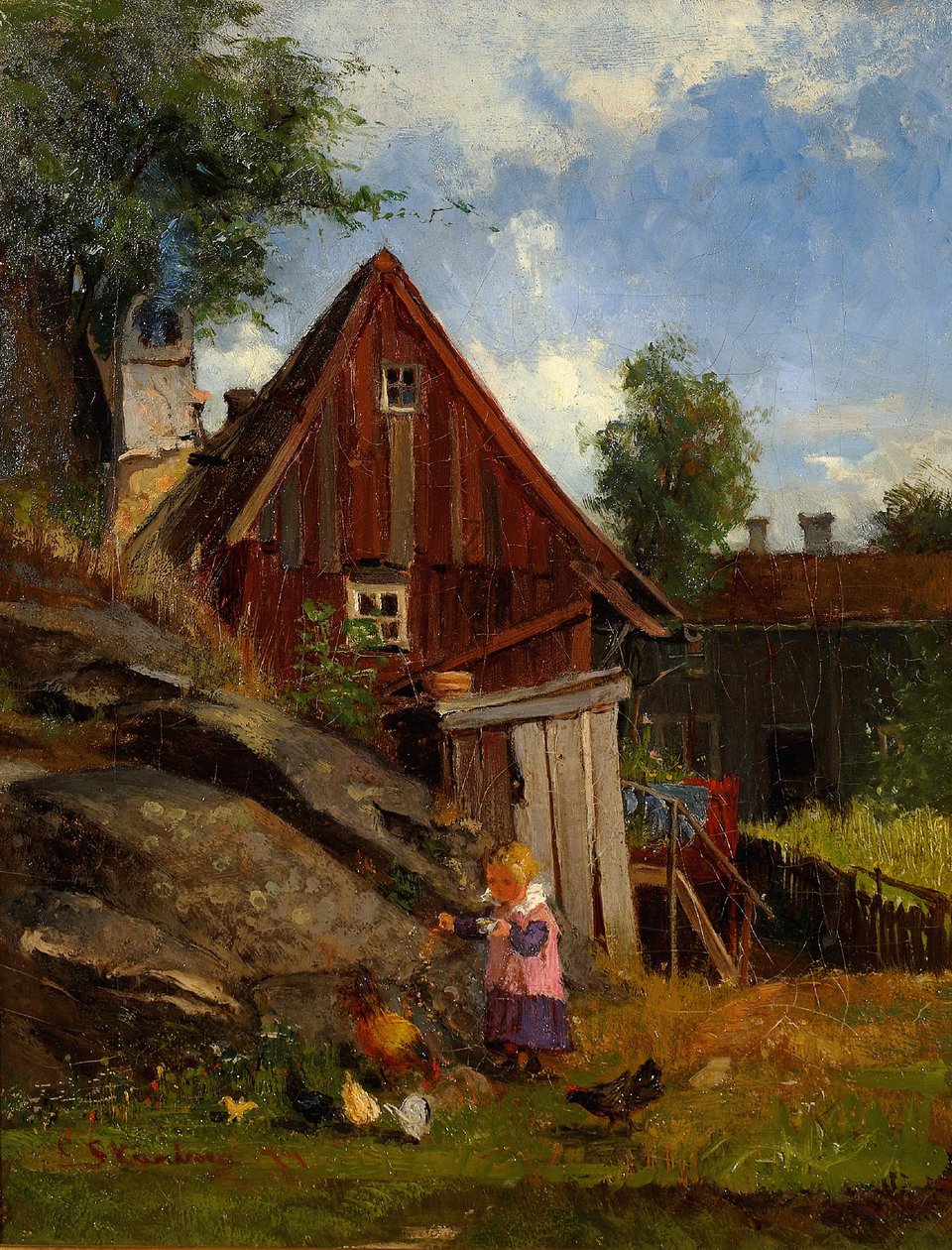 A lány csirkéket etet alkotó: Carl Skånberg