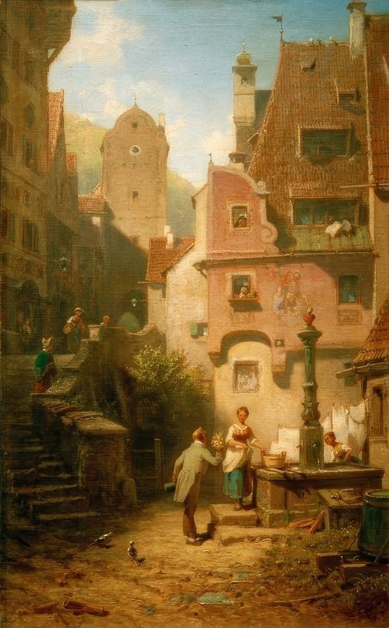 A jókívánságtevő virágcsokrot nyújt át (Az örök násznép) alkotó: Carl Spitzweg