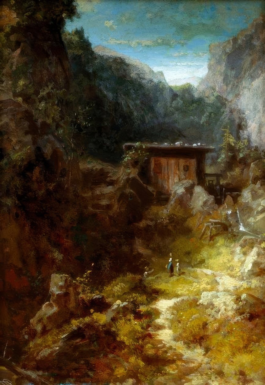 Malom a hegyekben három figurával alkotó: Carl Spitzweg