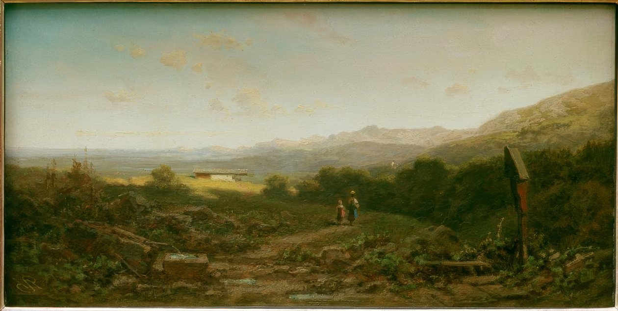 Tejtermelő lány gyermekkel az alpesi legelőn alkotó: Carl Spitzweg