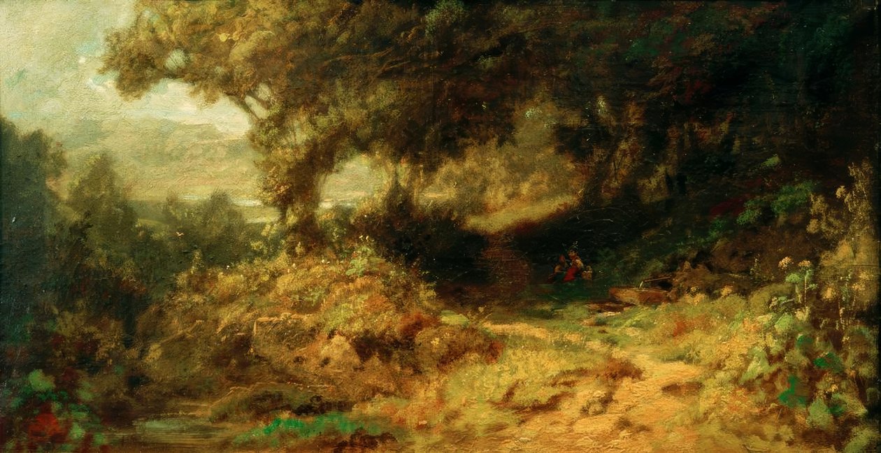 Erdei táj (gyerekek pihennek a szökőkútnál) alkotó: Carl Spitzweg