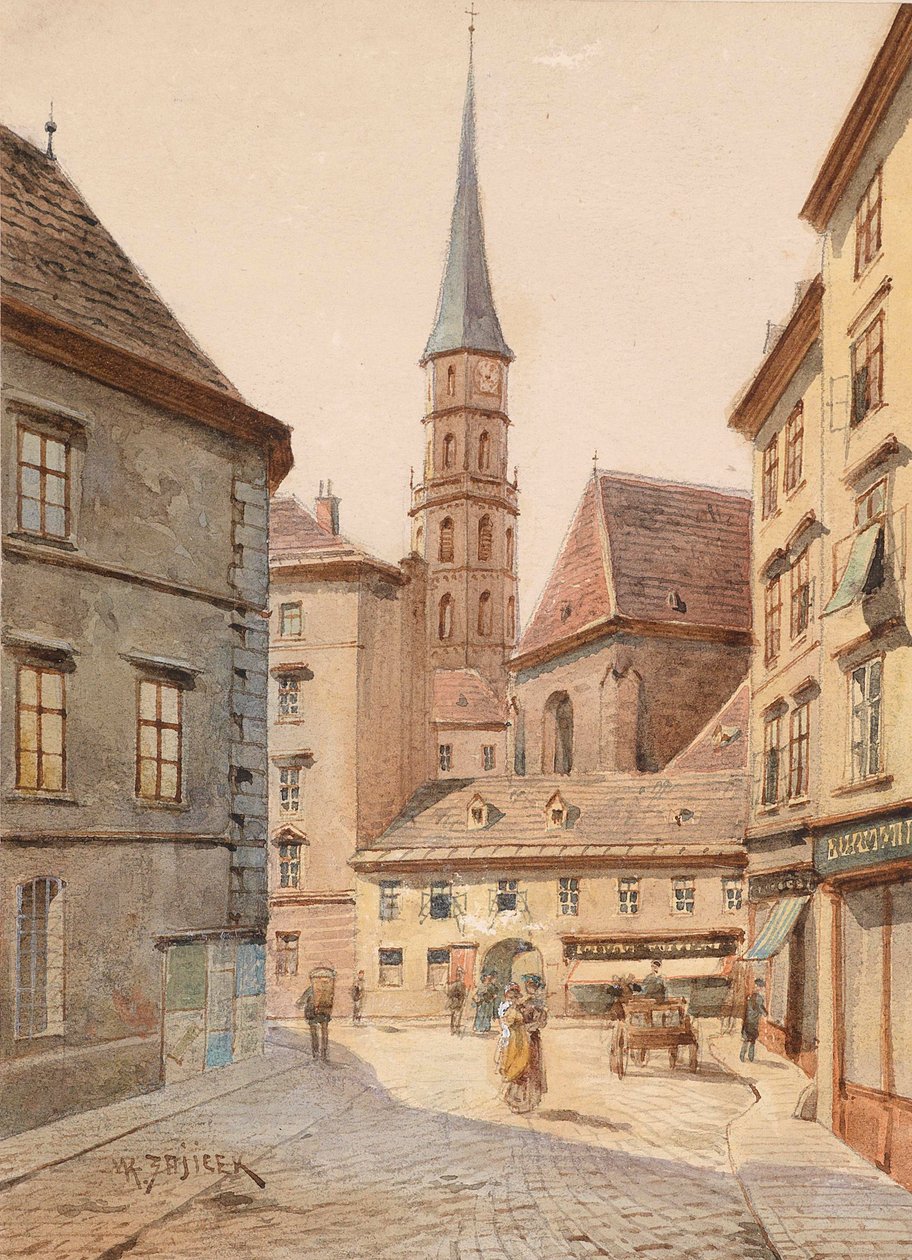 Kilátás Stallburggasse -ról Michaelerkirche -re alkotó: Carl Wenzel Zajicek