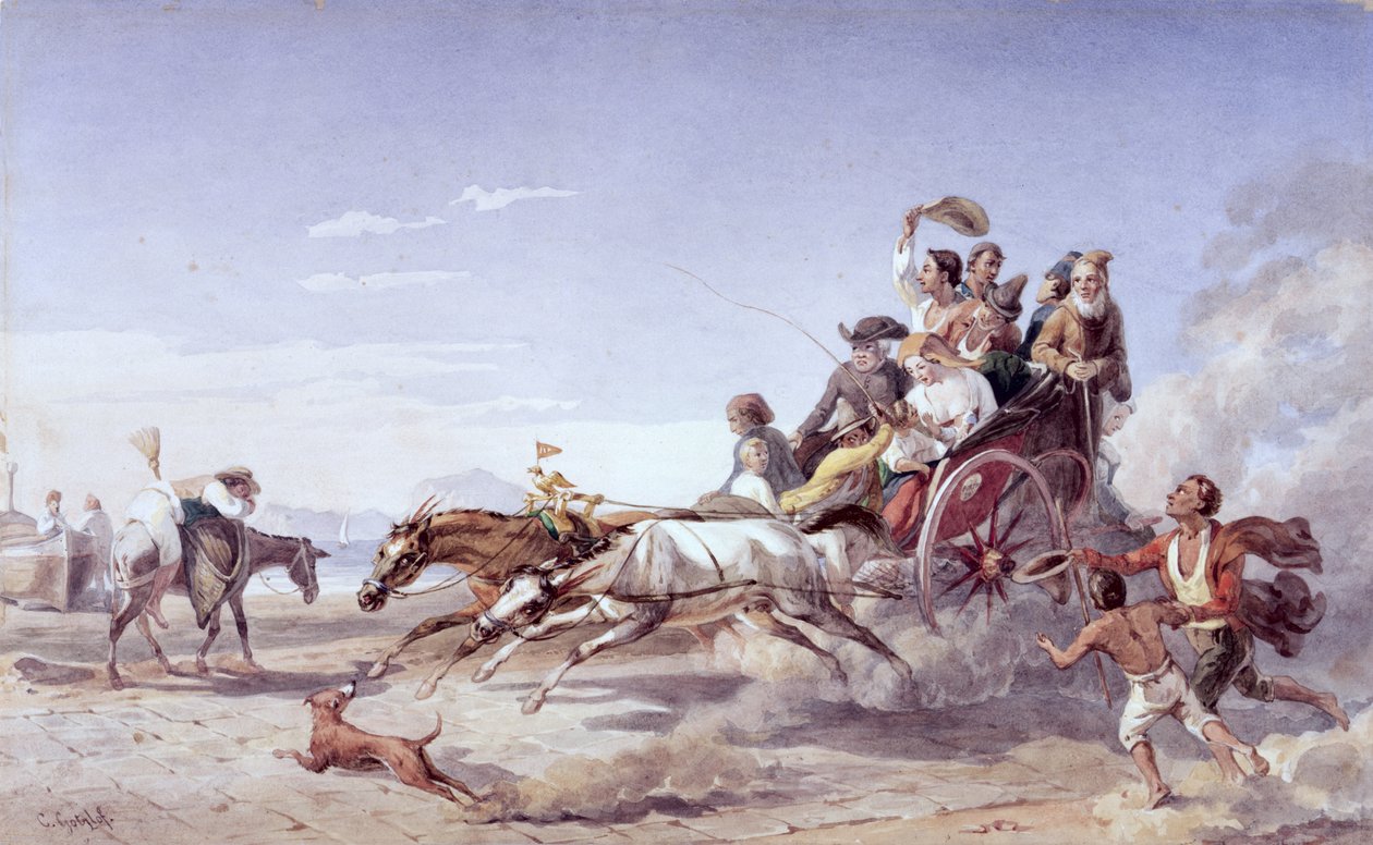 Fergeteges nápolyi barouche, 1828 (ceruza ceruzával, pergamen) alkotó: Carl Wilhelm Goetzloff