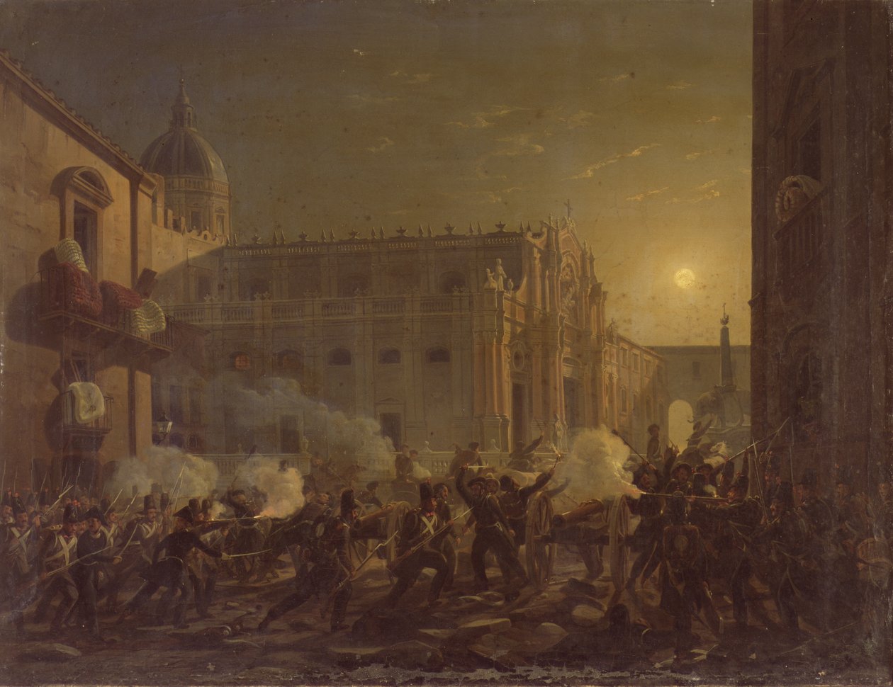 Catania felgyújtása a város berni ezred általi elfoglalása után 1849-ben, 1849 alkotó: Carl Wilhelm Goetzloff
