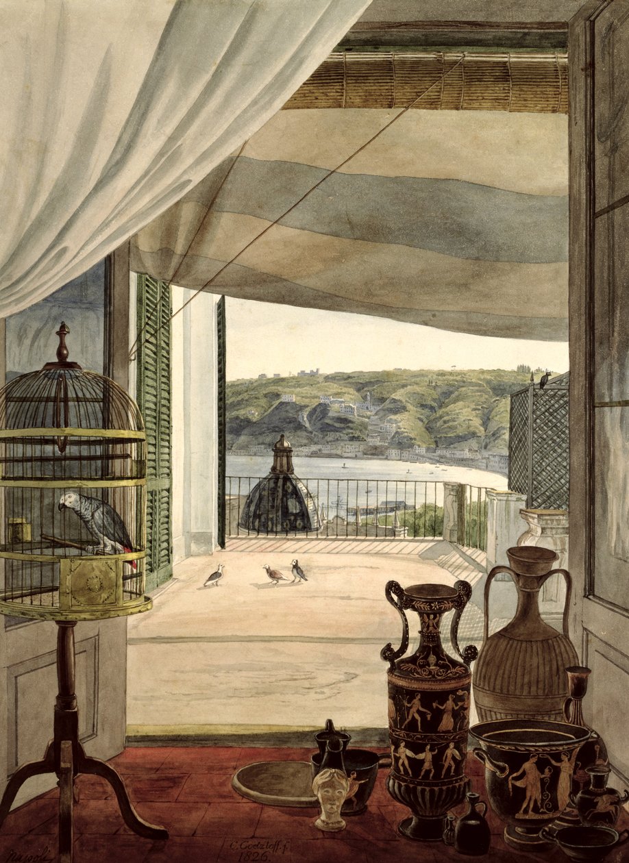 Kilátás a Nápolyi-öbölre néző erkélyes szobából, 1826 alkotó: Carl Wilhelm Goetzloff