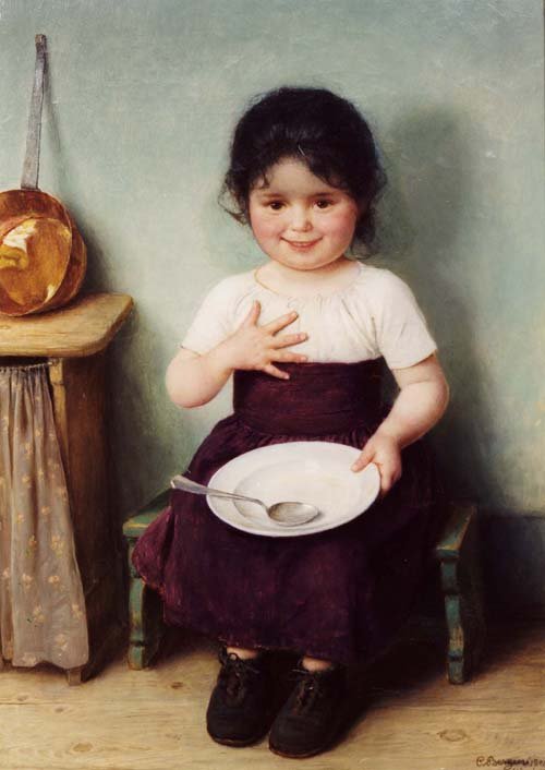 Ülő kislány egy rusztikus belső térben Spanyolország: Nina en la cocina 1904, obra de Carl von Bergenn Francais: Petite fille a la cuilleren alkotó: Carl von Bergen