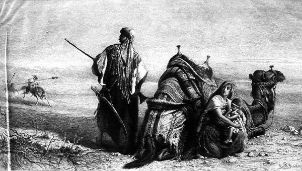 Beduinok a sivatagban, a művész utáni hat nyomatból álló gyűjtemény egyike (metszet) alkotó: Carl (after) Haag