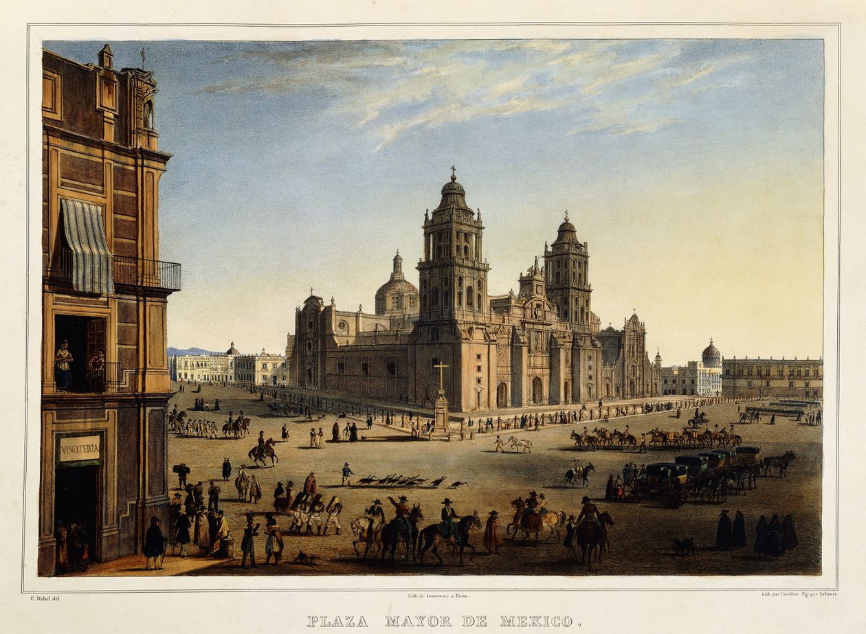 Plaza Mayor, Mexikó, 1839 körül (színes litográfia) alkotó: Carl (after) Nebel