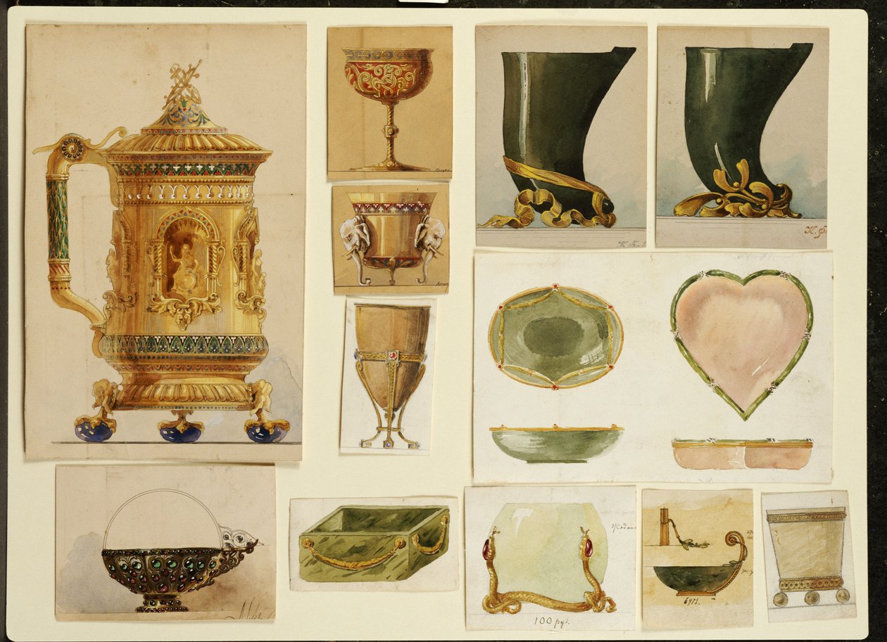 Tervek választéka, Carl Faberge háza (ceruza és akvarell fehérrel és arannyal kiemelve a kártyán) alkotó: Carl Fabergé
