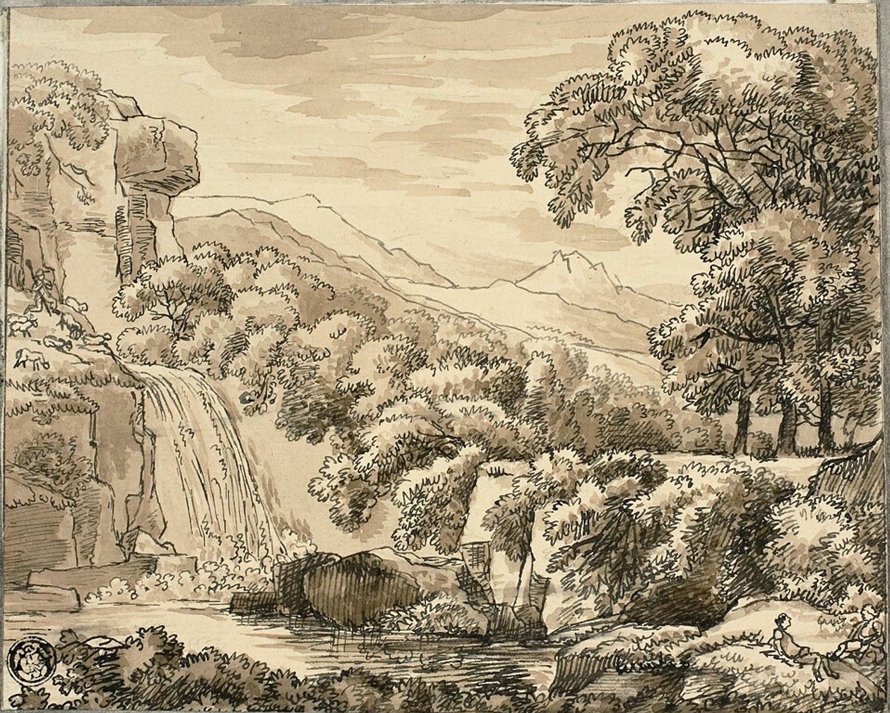 Hegyi táj vízeséssel és figurákkal alkotó: Carl August Lebschee