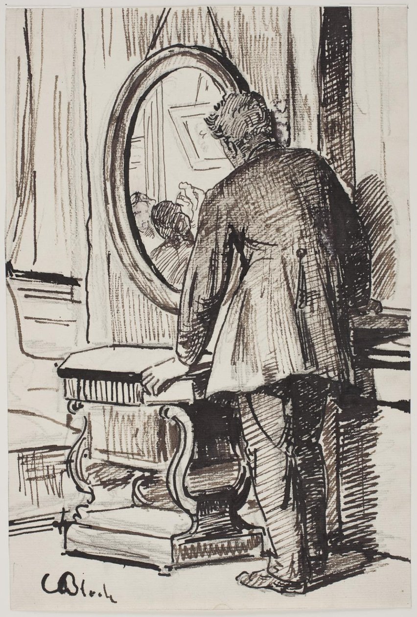 Egy fiatal férfi három nőt néz a tükörben alkotó: Carl Bloch