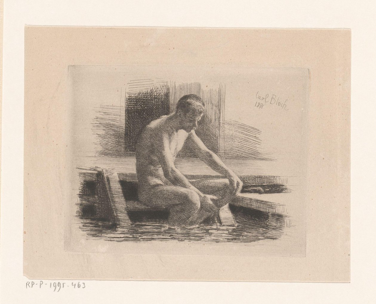 Meztelen férfi ül egy lépés a víz alkotó: Carl Bloch