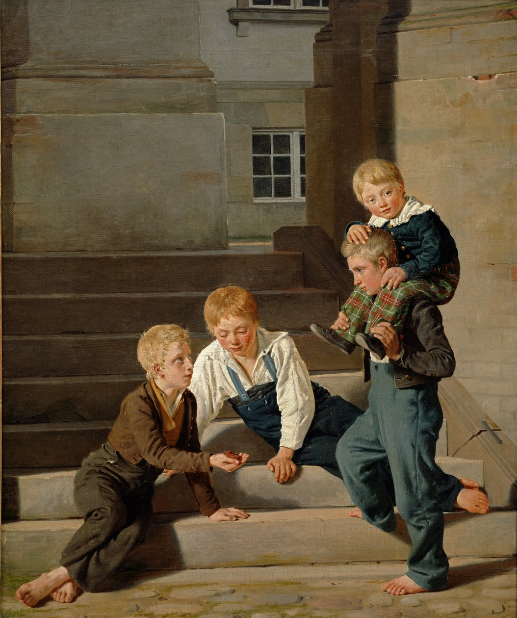Kockázó fiúk a Christiansborg kastély előtt, Koppenhága, 1834 alkotó: Carl Christian Constantin Hansen