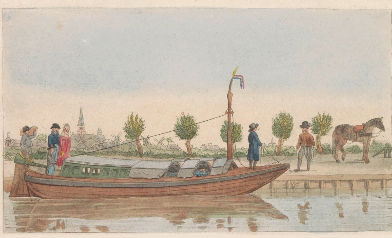 Vontató bárka, 1824 Een hollandsche trek vagy Jaagschuit / Une barque de tracte, servante au transport de voyageurs et marchandises en hollande (cím a tárgyon) alkotó: Carl Cristiaan Fuchs