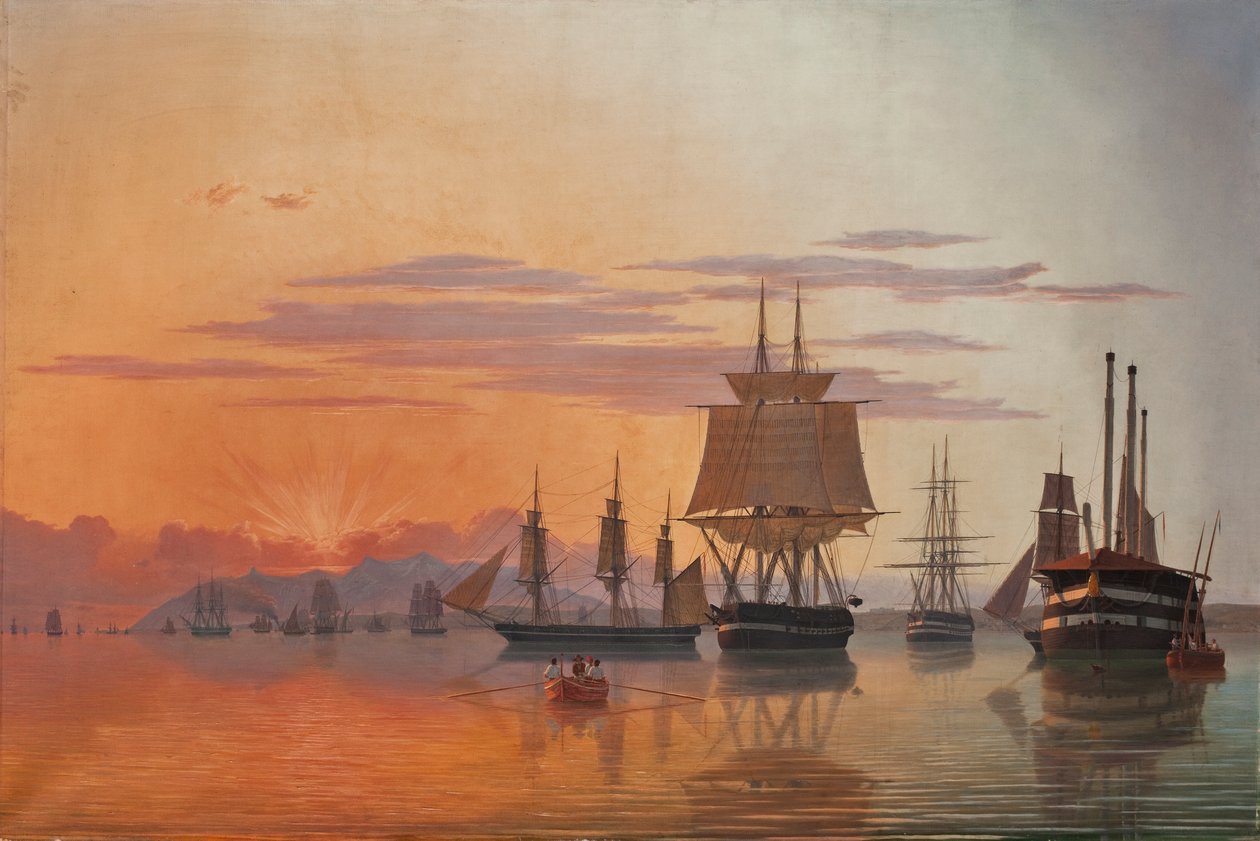 A Thetis fregatt és a Flora korvett a Tejo folyón, 1844. alkotó: Carl Dahl