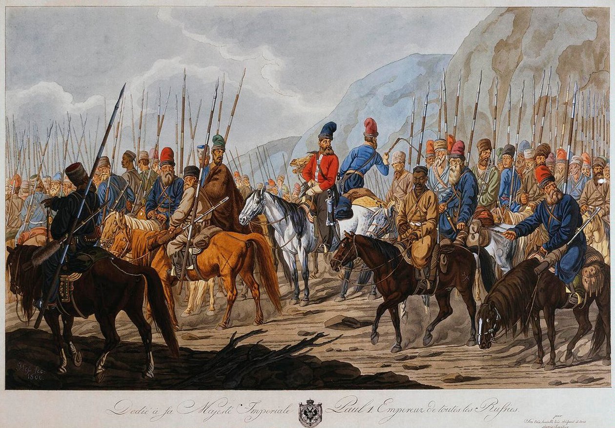 Orosz kozákok március 1800 körül. alkotó: Carl Ernst Christoph Hess