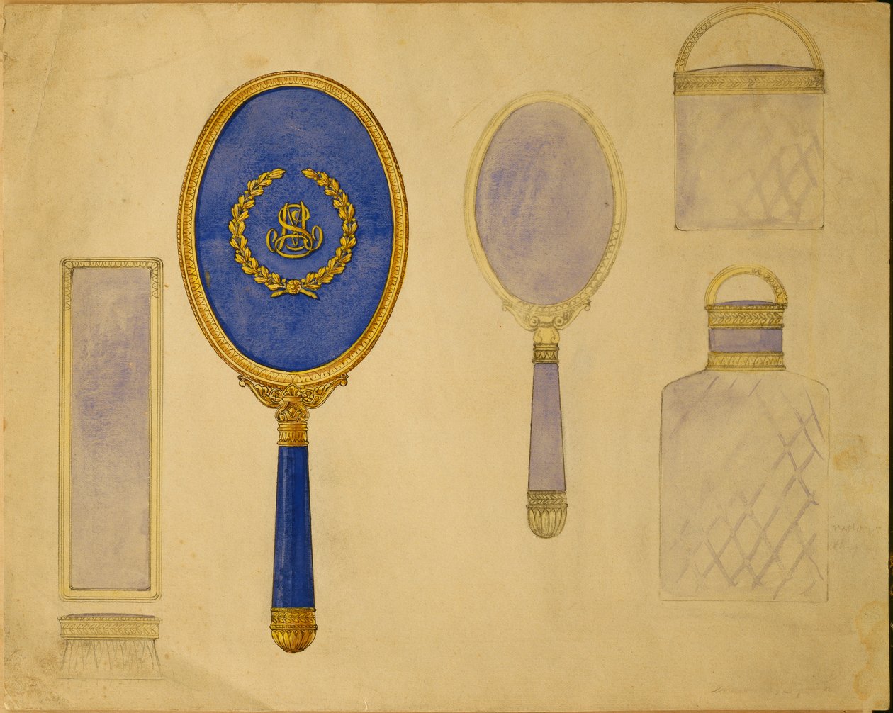 Válogatott minták a Carl Faberge házából, beleértve egy ovális kézi tükröt, egy kisebb tükröt és két szerelt palackot alkotó: Carl Fabergé