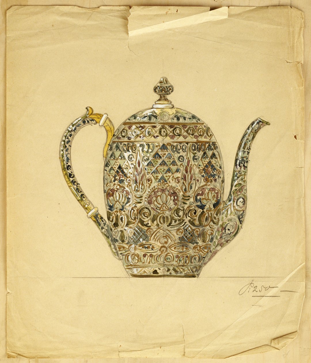 Tojás alakú, ezüst-aranyozott cloisonne zománcozott kávéskannához való design, House of Carl Faberge alkotó: Carl Fabergé
