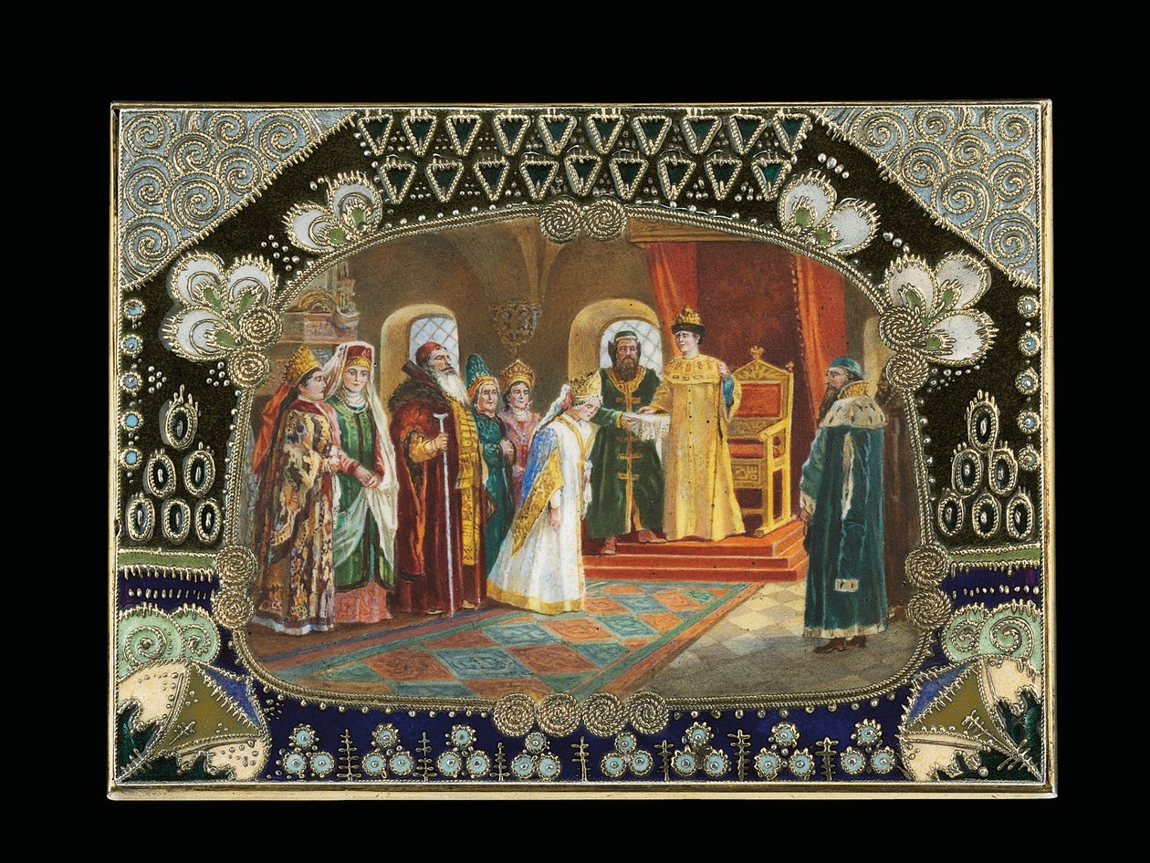 Részlet a festett kartondobozból, Alekszej Mihajlovics cár menyasszonyt választva, 1908-1917 körül alkotó: Carl Fabergé