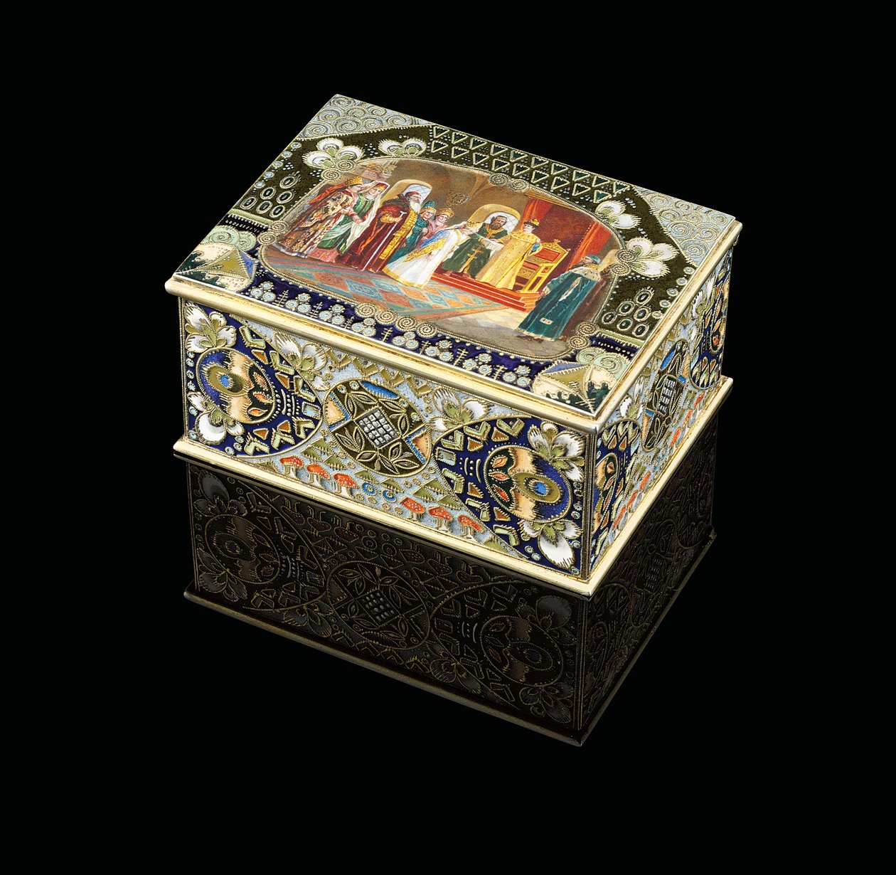 Alekszej Mihajlovics cárt menyasszonyt választva ábrázoló, festett kartondoboz, Kr. e. 1908-1917 alkotó: Carl Fabergé