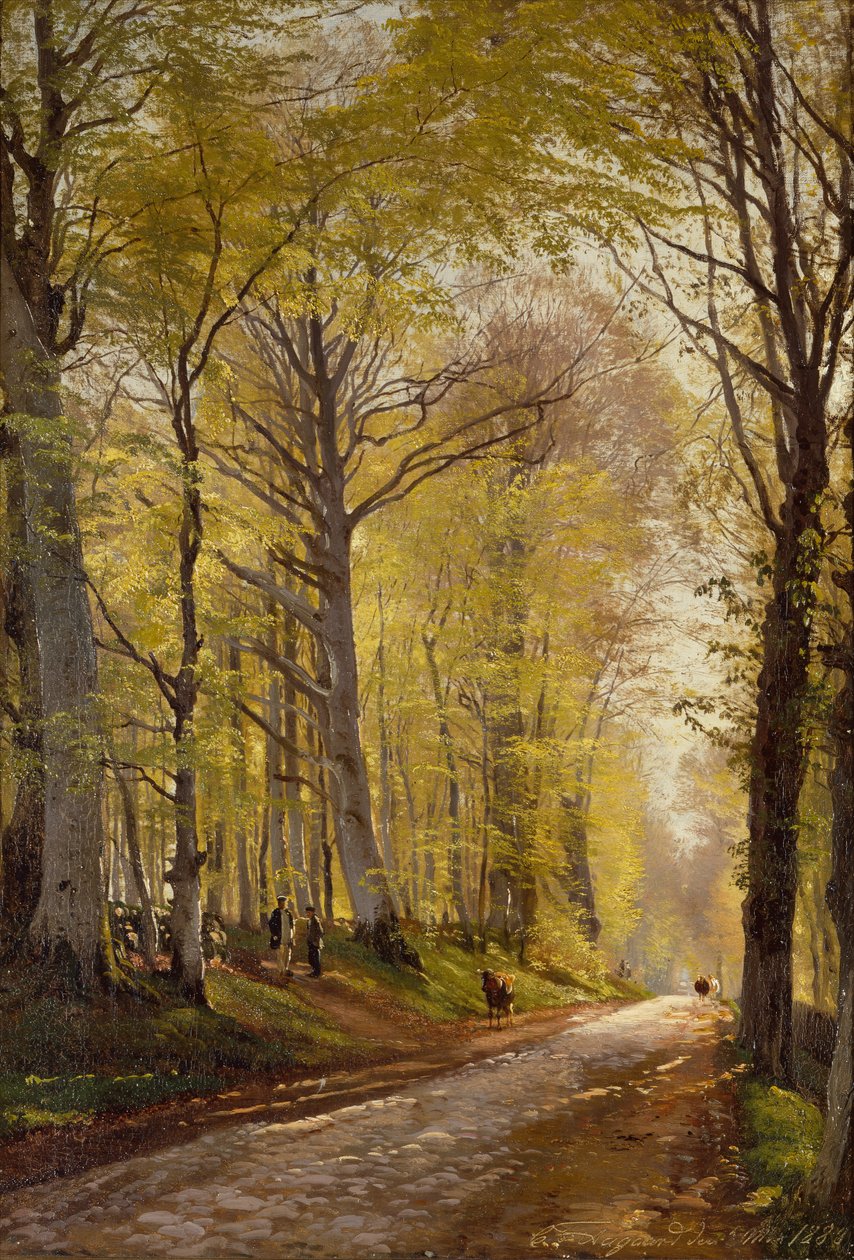 Erdei ösvény pásztorokkal és szarvasmarhákkal (olaj, vászon) alkotó: Carl Frederick Aagaard