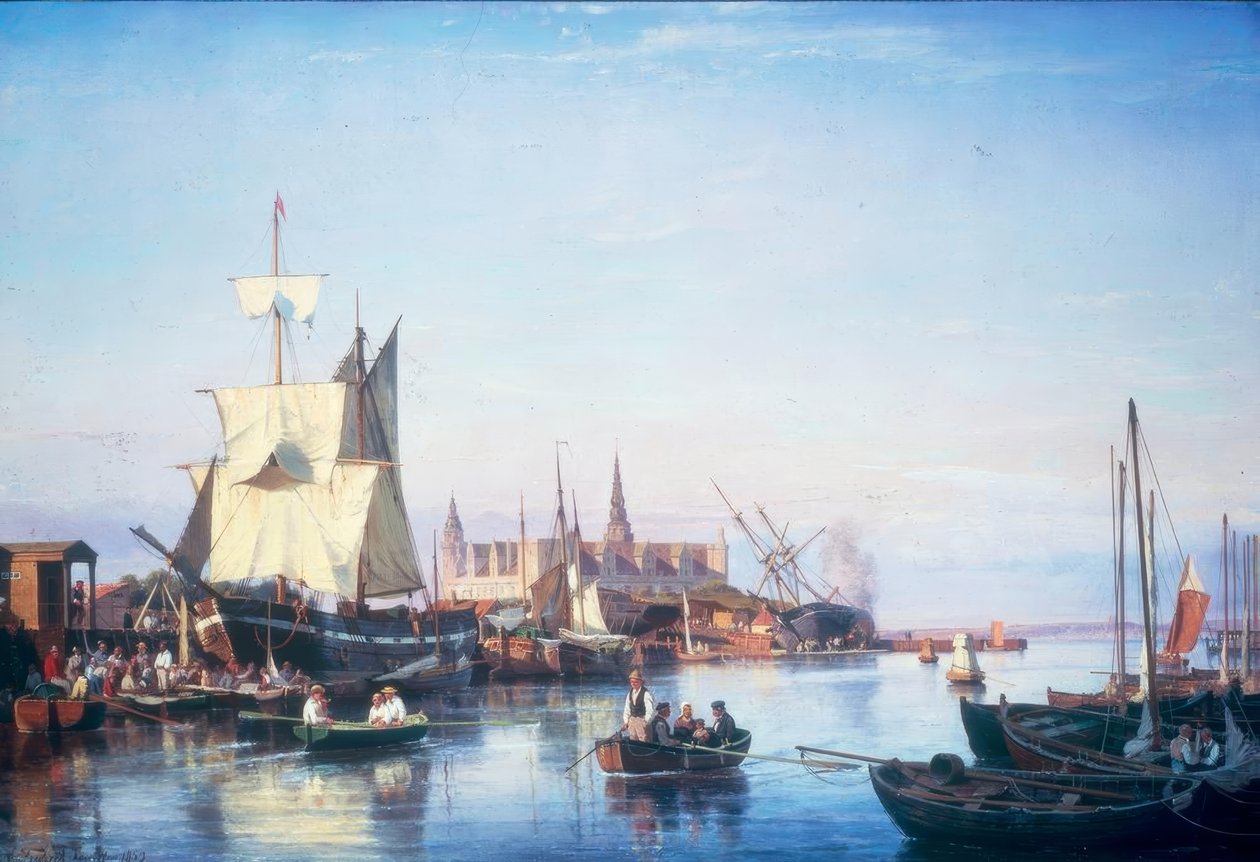 Helsingoer kikötője Kronborg kastélyával alkotó: Carl Frederik Sorensen