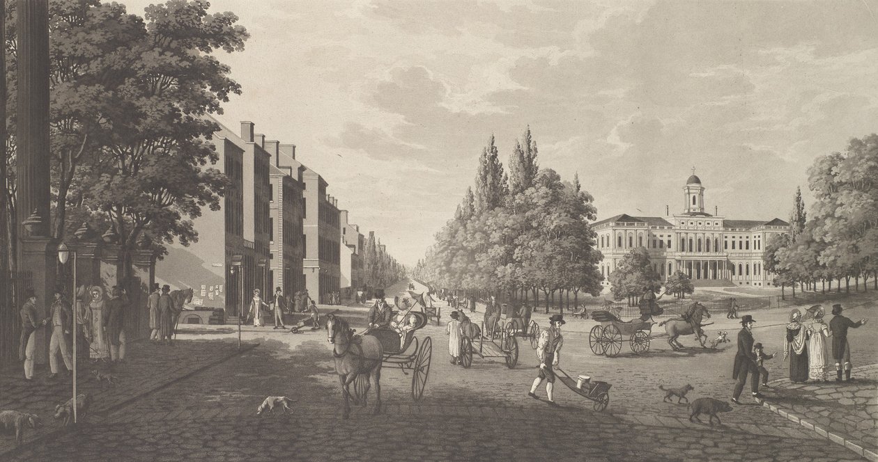 Broadway és városháza New Yorkban Broadway és városháza New Yorkban, 1824. alkotó: Carl Fredrik Akrell