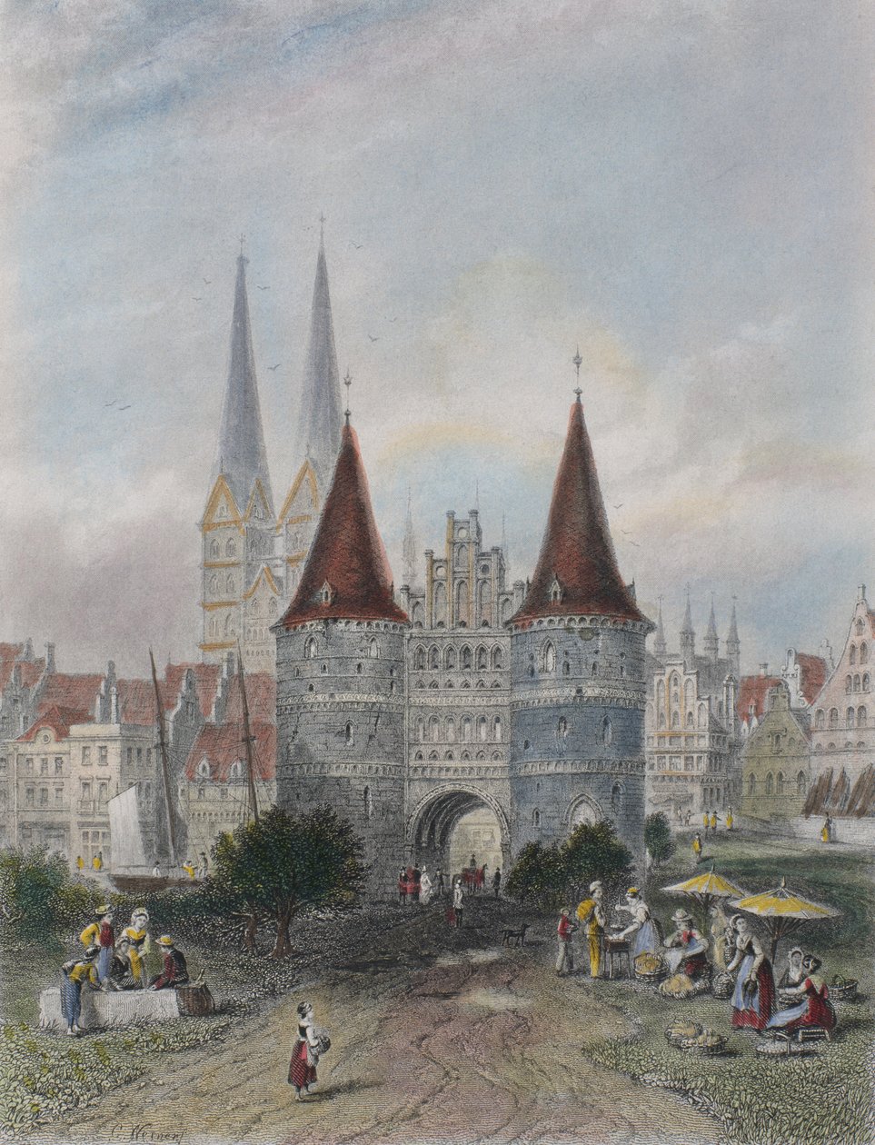 Holsten-kapu Lübeckben, metszett John Godfrey (1817-89) (színes metszet) alkotó: Carl Friedrich Heinrich Werner