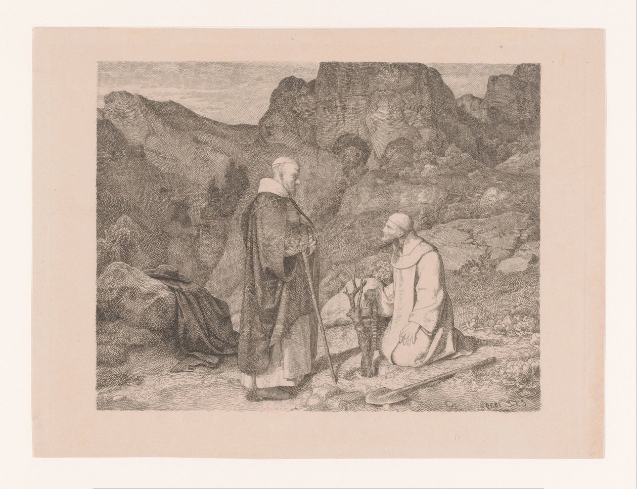 Két szerzetes egy metszett fa közelében egy hegyi tájon alkotó: Carl Friedrich Lessing