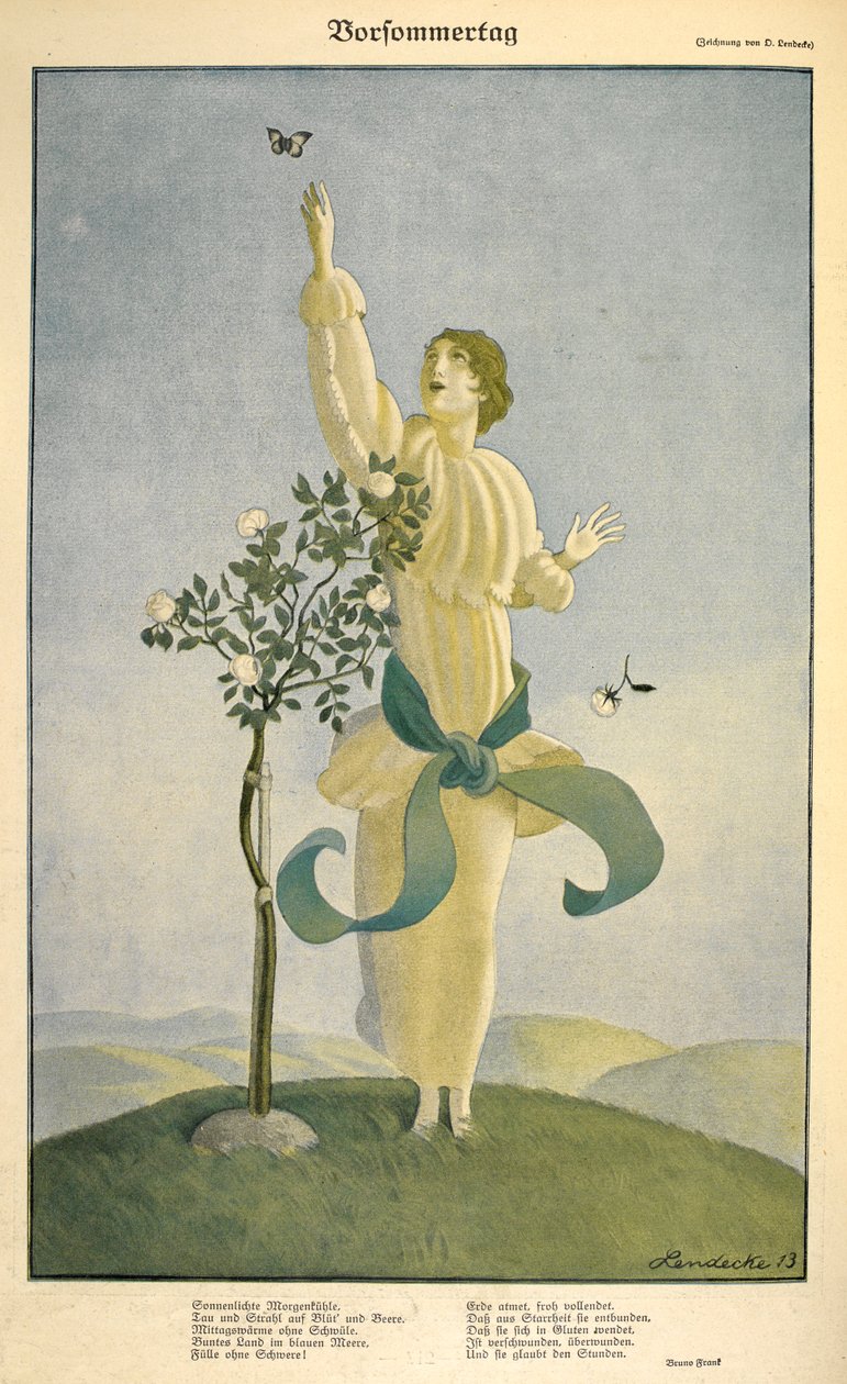 Rajz a "Vorsommertag" vershez: .Rajz a "Vorsommertag" című versre. Egy nő, aki egy pillangóért nyúl. alkotó: Carl Friedrich Otto Lendecke