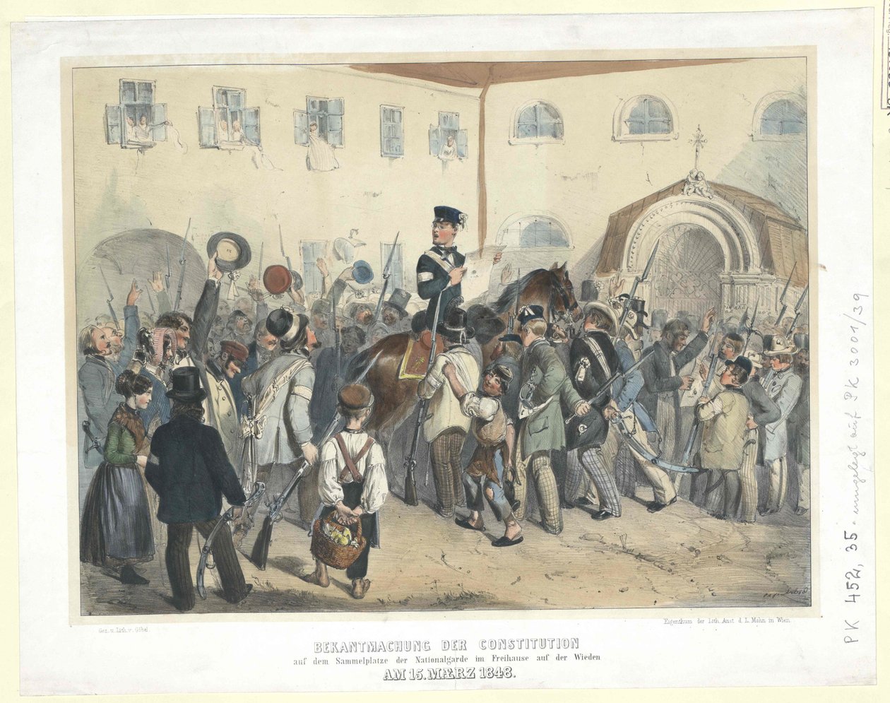 Az alkotmány kihirdetése a nemzetőrség gyülekezőhelyén, a Wieden-i Freihausban (Szabad Ház) 1848. március 15-én (színes litográfia) alkotó: Carl Goebel